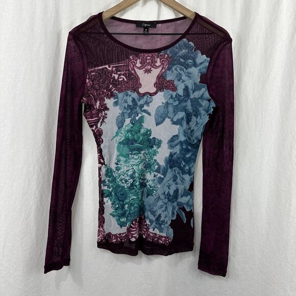 Express Vintage Y2K Purple Pink Floral Mesh Long Sleeve Top Womens Size M Art - Picture 1 of 10